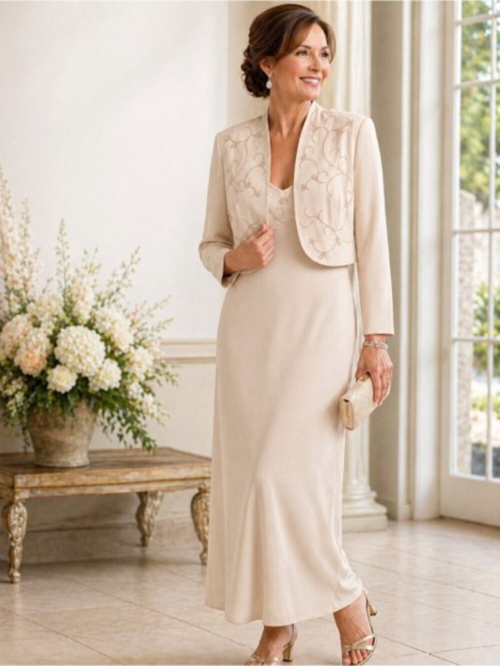 Rimini Two-Piece Embellished Champagne Dress (6) with Bolero Jacket (10) NWT